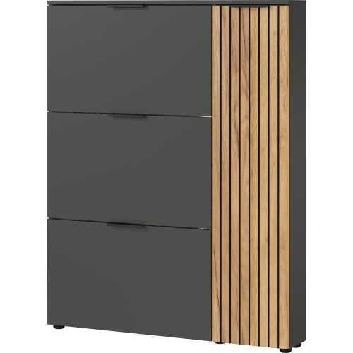 Antracitszürke-natúr színű billenő ajtós cipőtartó tölgyfa dekorral 101x129x19 cm Gibisa – Germania