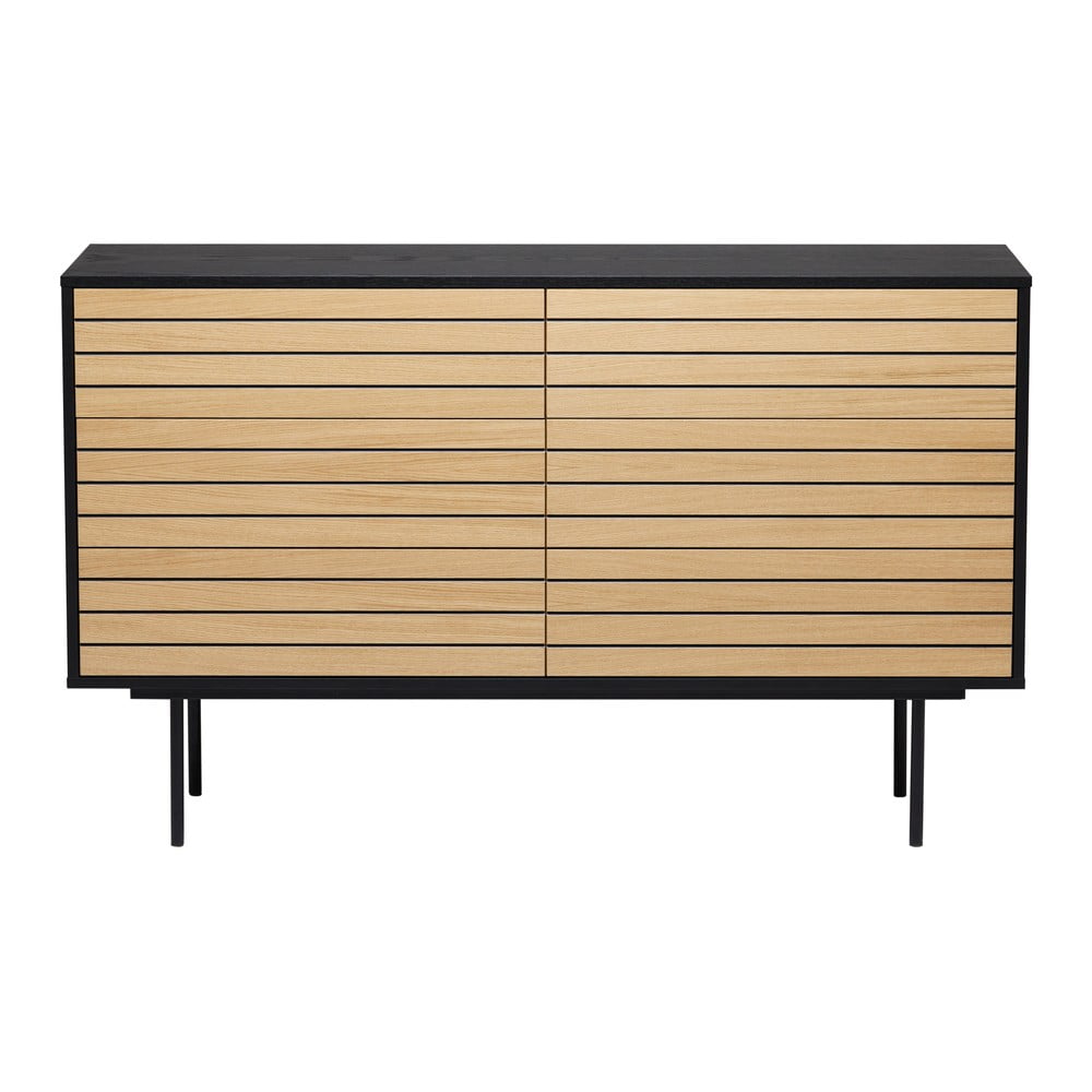 Fekete-natúr színű alacsony komód tölgyfa dekorral 140x84 cm Stripe – Woodman
