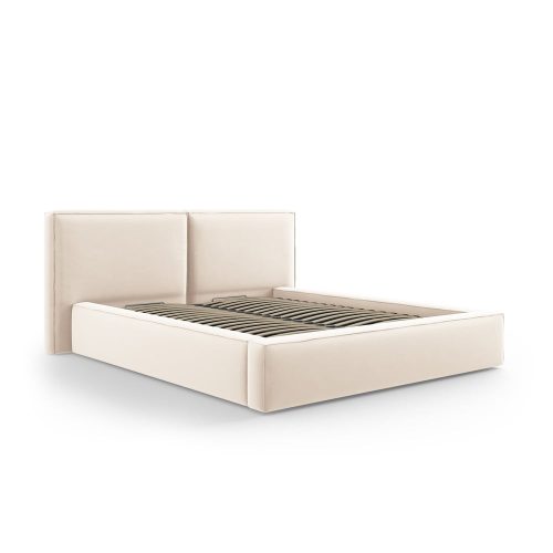 Krémszínű bársony kárpitozott ágyneműtartós franciaágy ágyráccsal 200x200 cm Arendal – Cosmopolitan Design