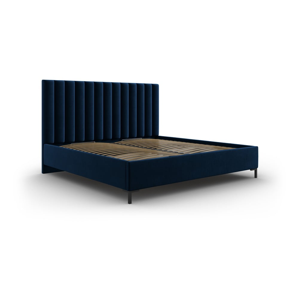 Sötétkék kárpitozott ágyneműtartós franciaágy ágyráccsal 180x200 cm Casey – Mazzini Beds
