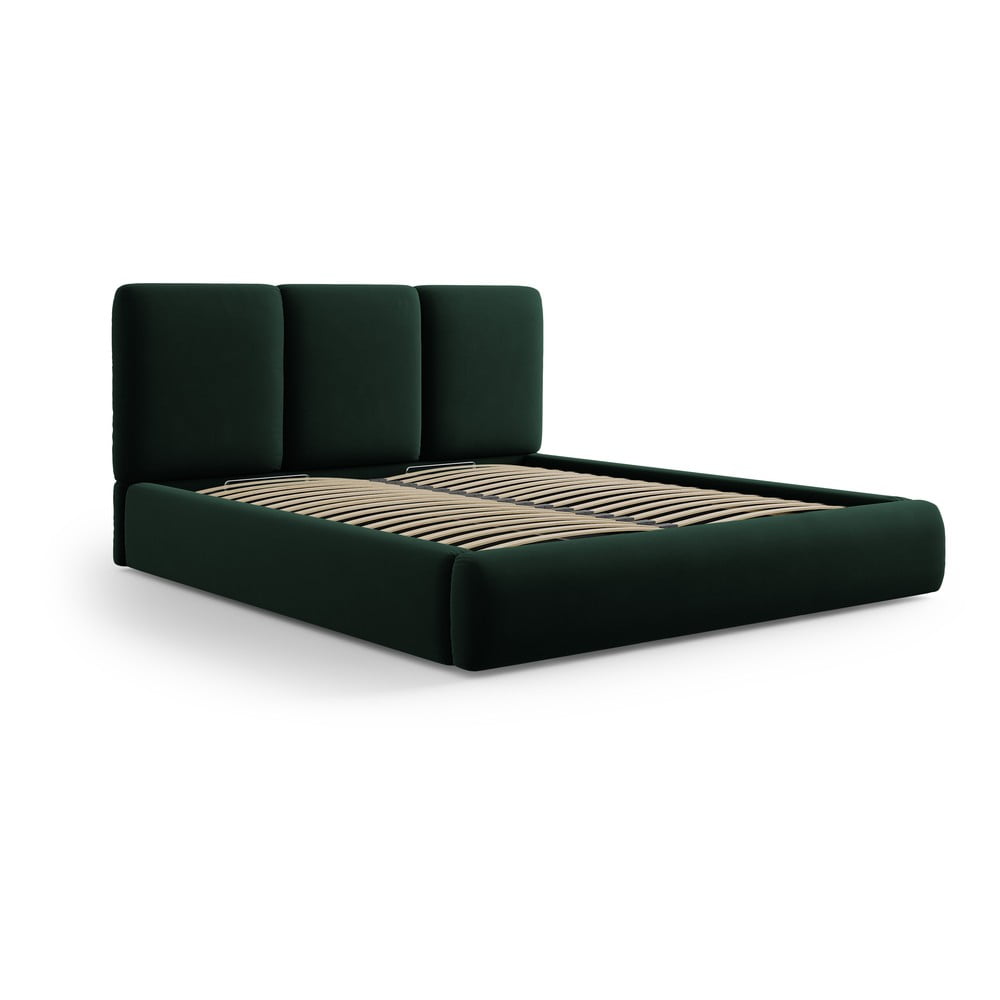 Sötétzöld bársony kárpitozott ágyneműtartós franciaágy ágyráccsal 160x200 cm Brody – Mazzini Beds