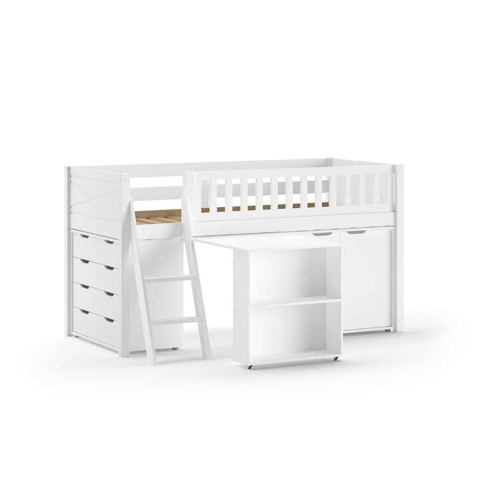 Fehér borovi fenyő ágyneműtartós galéria gyerekágy ágyráccsal 90x200 cm Scott – Vipack