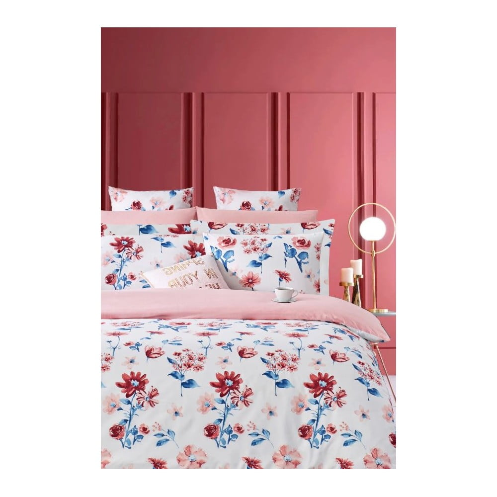 Fehér-rózsaszín kétszemélyes hosszabbított négyrészes  renforcé pamut ágyneműhuzat lepedővel 200x220 cm – Mila Home