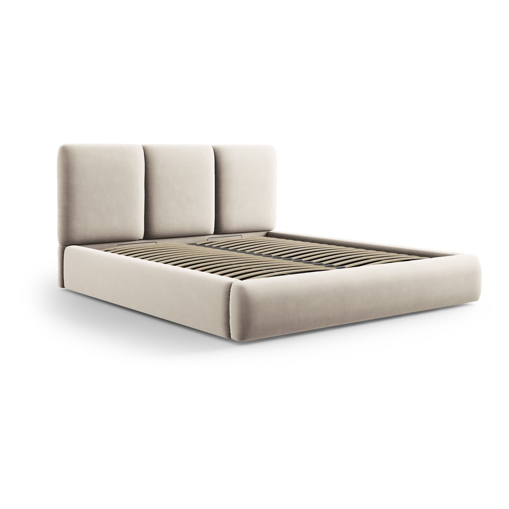 Krémszínű bársony kárpitozott ágyneműtartós franciaágy ágyráccsal 180x200 cm Brody – Mazzini Beds
