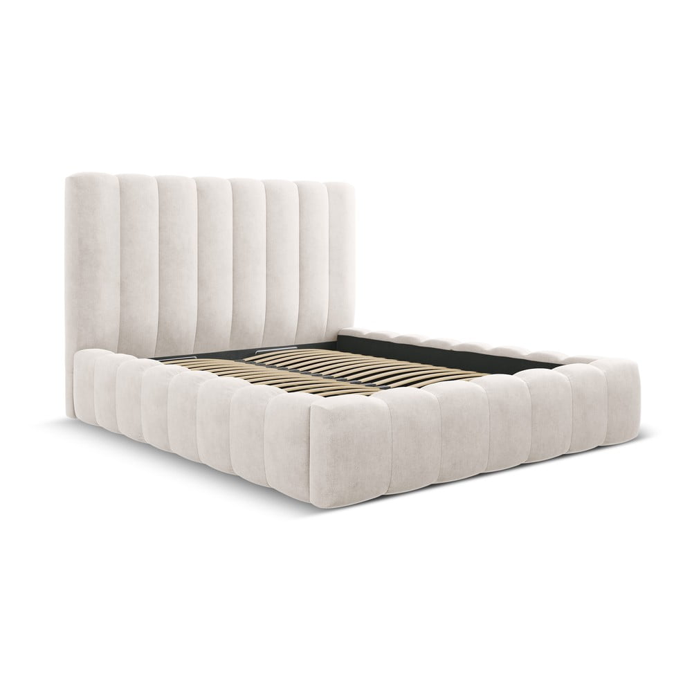 Krémszínű kárpitozott ágyneműtartós franciaágy ágyráccsal 200x200 cm Kelp – Micadoni Home