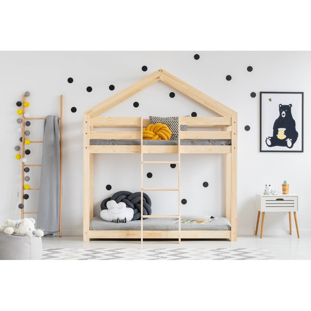 Natúr színű házikó alakú-emeletes borovi fenyő gyerekágy 90x180 cm Mila DMP – Adeko