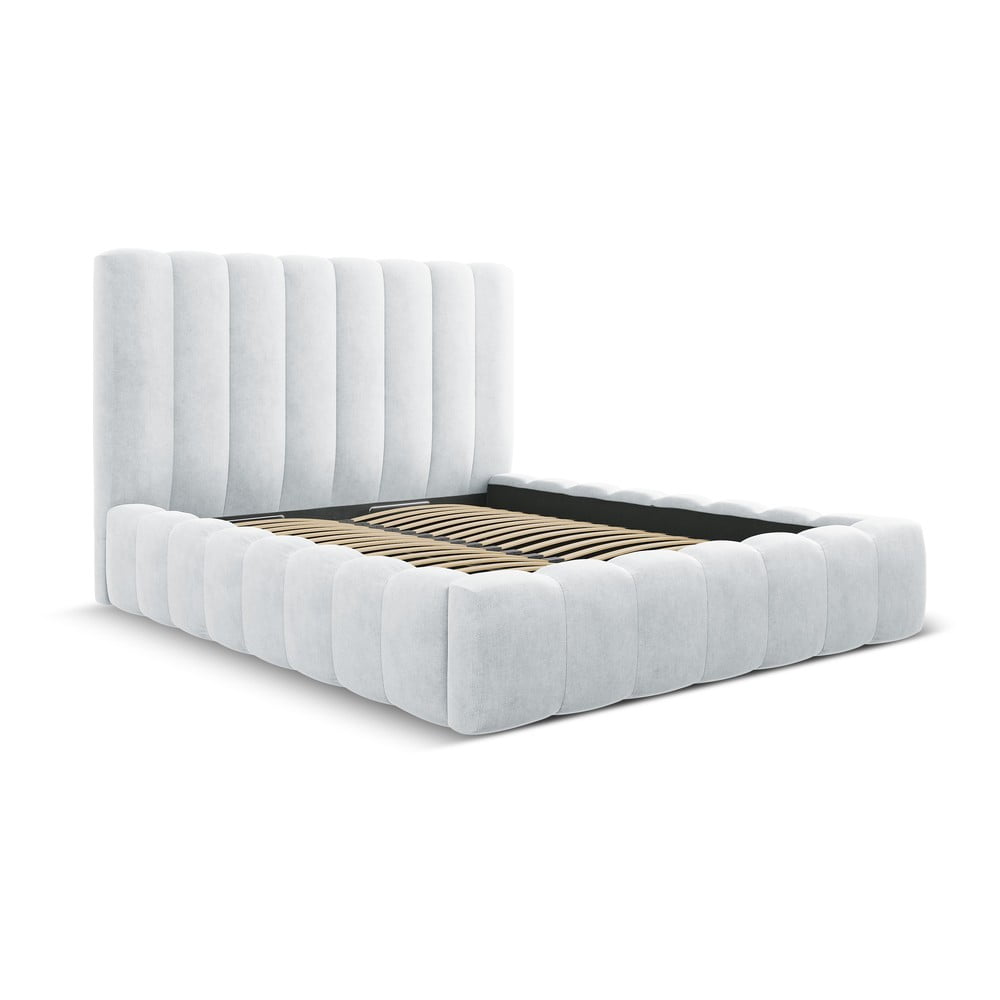 Világosszürke kárpitozott ágyneműtartós franciaágy ágyráccsal 200x200 cm Kelp – Micadoni Home