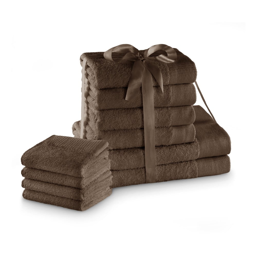 Barna frottír pamut törölköző és fürdőlepedő készlet 10 db-os Amari – Restilo