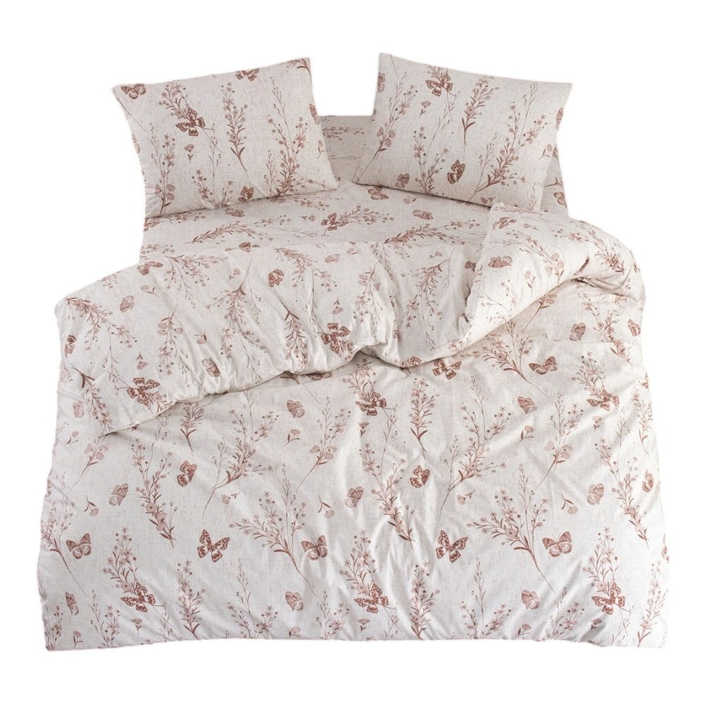 Bézs egyszemélyes-hosszabbított ágyneműhuzat lepedővel-háromrészes 160x220 cm Floral Butterfly – Mila Home