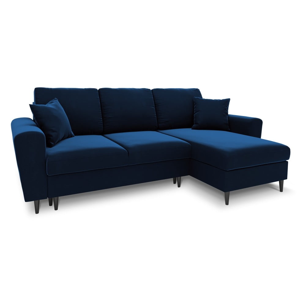 Kék bársony kinyitható tárolóhelyes sarokkanapé Kyoto – Cosmopolitan Design