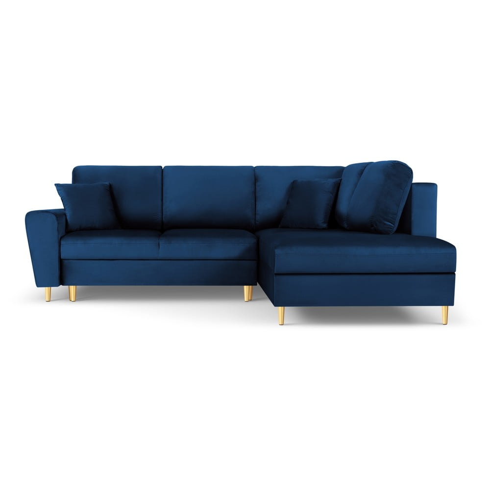 Kék bársony kinyitható tárolóhelyes sarokkanapé (jobb oldali-L alakú) Kyoto – Cosmopolitan Design