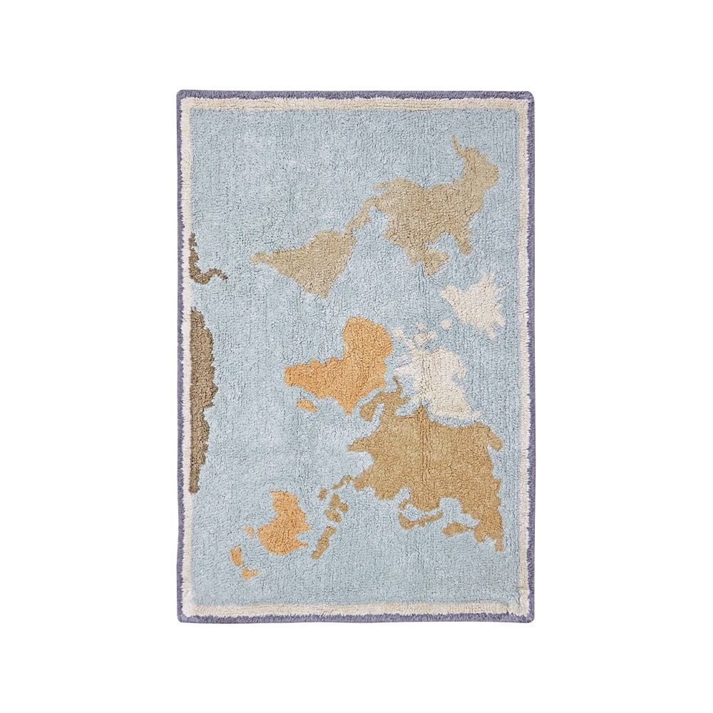 Kék-bézs mosható kézi szövésű pamut gyerek játszószőnyeg 70x100 cm Mini Worldmap – Lorena Canals