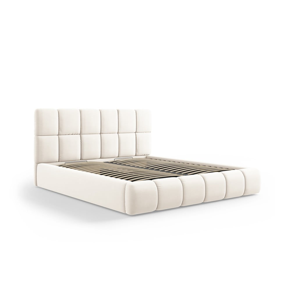 Krémszínű bársony kárpitozott ágyneműtartós franciaágy ágyráccsal 160x200 cm Bellis – Micadoni