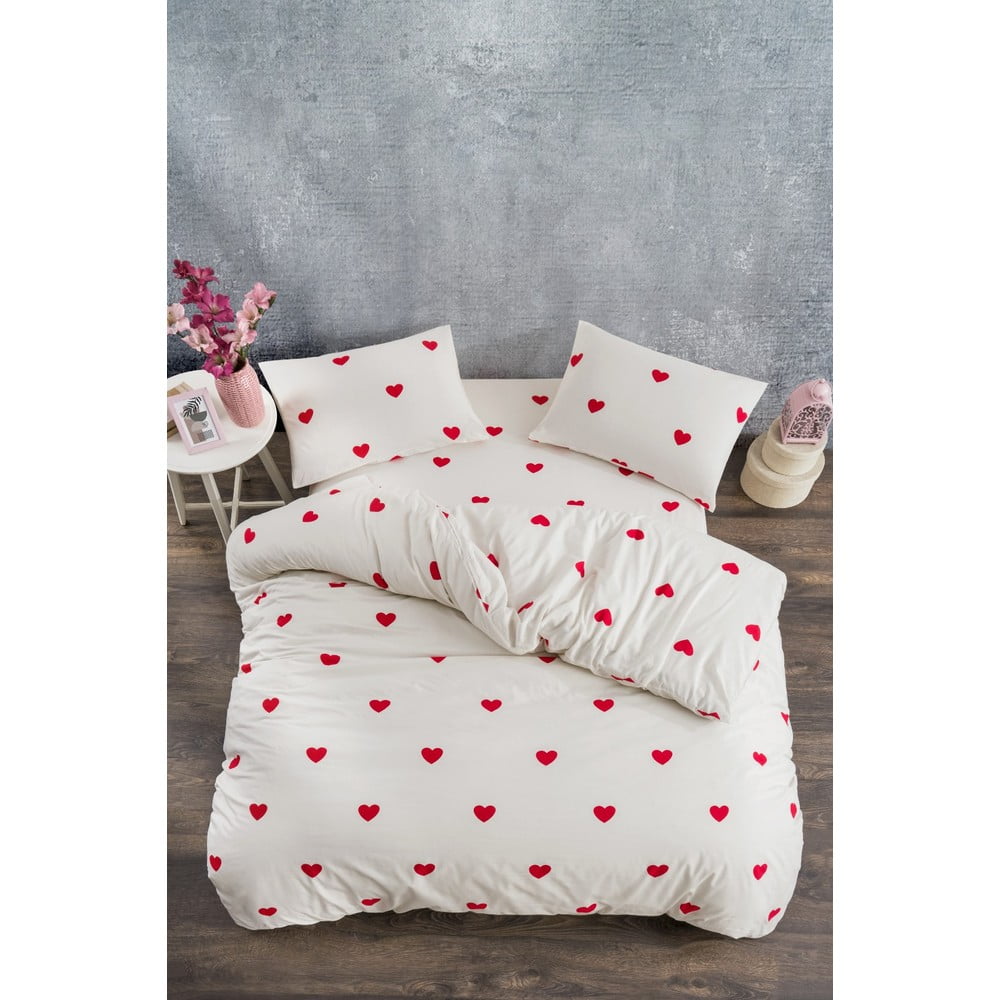 Krémszínű kétszemélyes hosszabbított négyrészes renforcé pamut ágyneműhuzat lepedővel 200x220 cm Mini Hearts – Mila Home