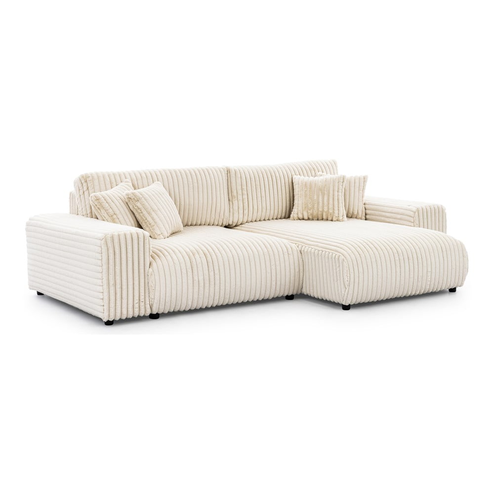 Krémszínű kordbársony kinyitható-tárolóhelyes sarokkanapé (jobb oldali) Justin – Ropez