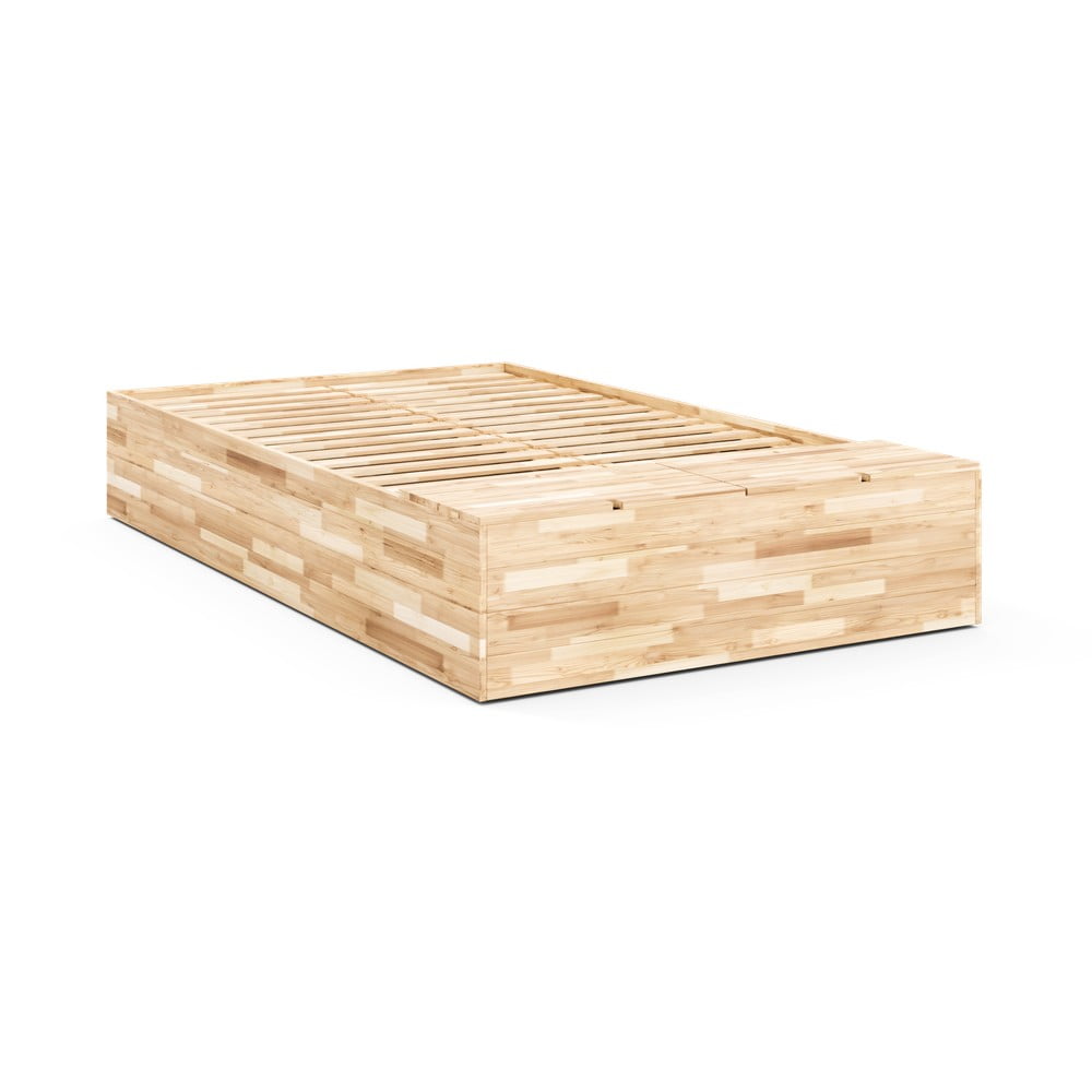 Natúr színű borovi fenyő ágyneműtartós franciaágy ágyráccsal 140x200 cm Basement Bed – Karup Design