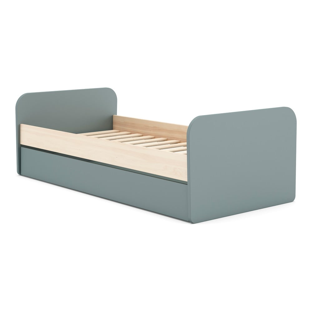 Natúr színű-szürkészöld ágyneműtartós gyerekágy kihúzható pótággyal ágyráccsal 90x200 cm borovi fenyő dekorral Esteban – Marckeric