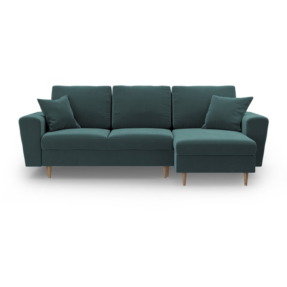 Petróleum színű bársony kinyitható tárolóhelyes sarokkanapé Kyoto – Cosmopolitan Design