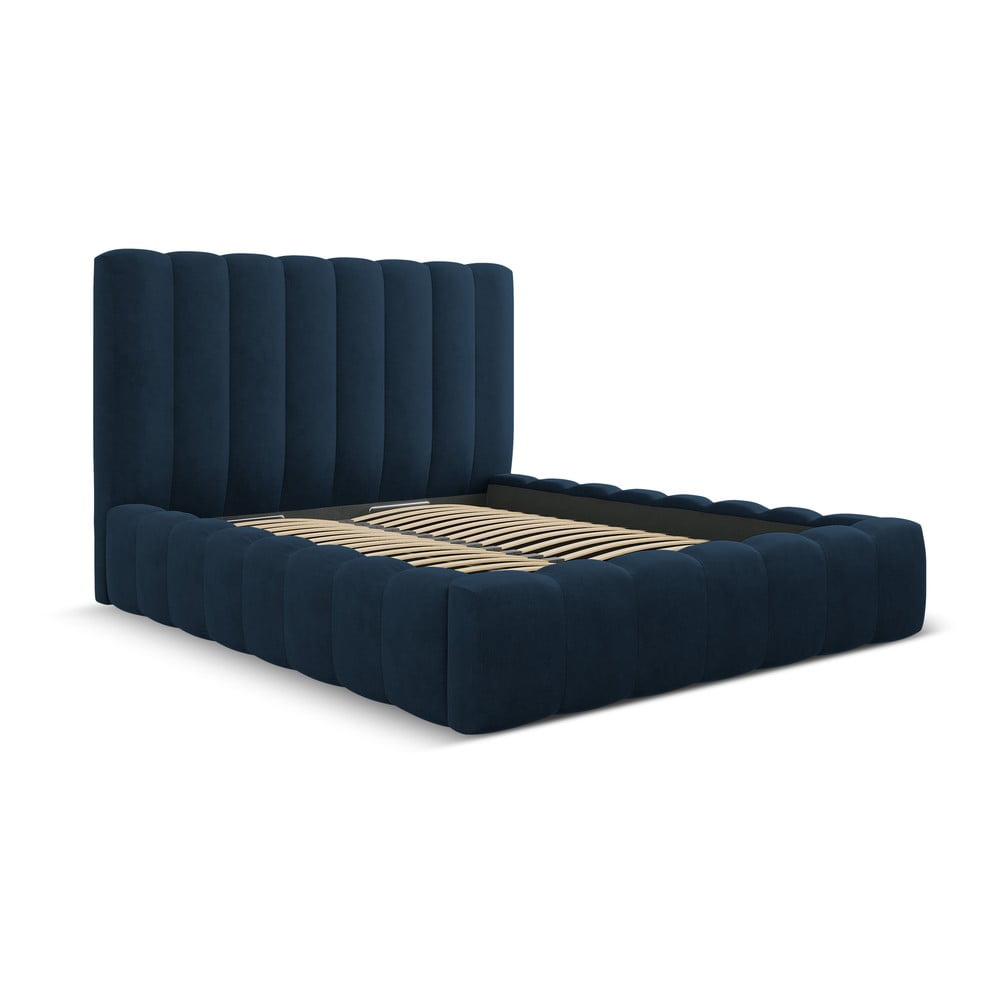 Sötétkék kárpitozott ágyneműtartós franciaágy ágyráccsal 200x200 cm Kelp – Micadoni Home