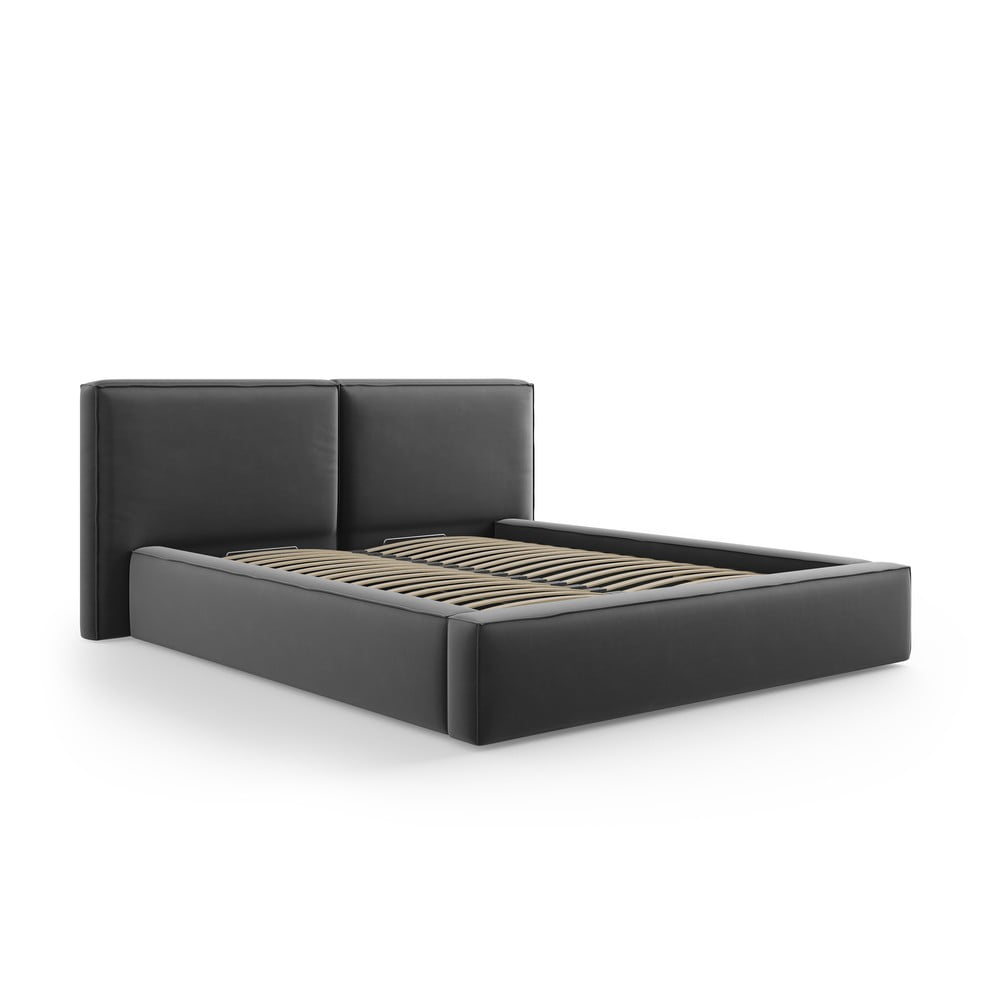 Sötétszürke bársony kárpitozott ágyneműtartós franciaágy ágyráccsal 180x200 cm Arendal – Cosmopolitan Design