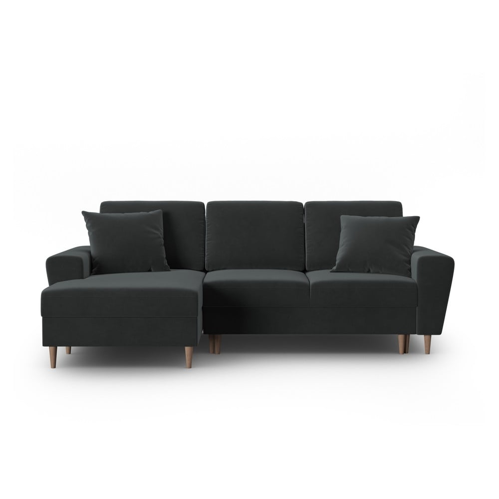 Sötétszürke bársony kinyitható tárolóhelyes sarokkanapé (bal oldali-heverő résszel) Kyoto – Cosmopolitan Design