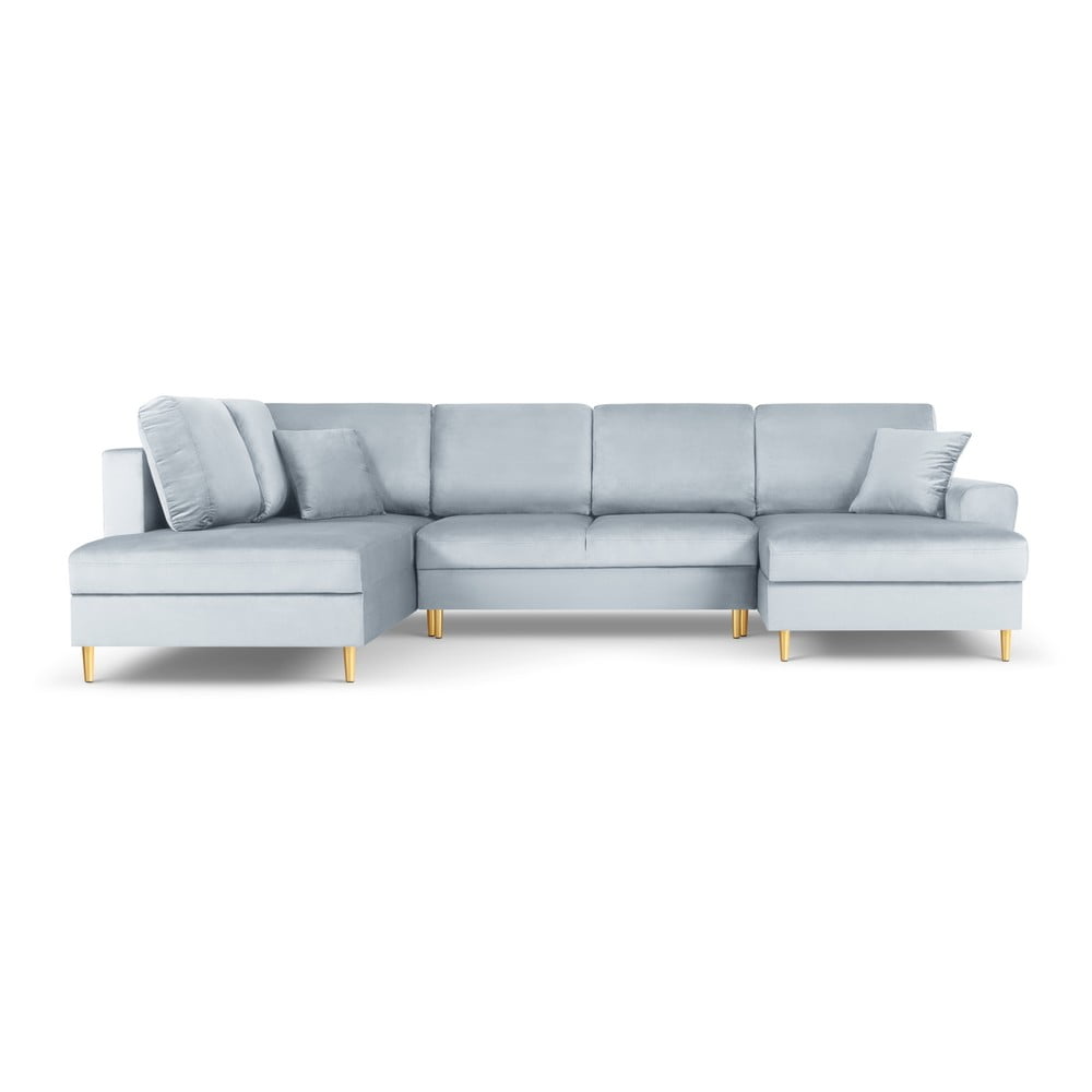 Világoskék bársony kinyitható tárolóhelyes sarokkanapé (bal oldali-U alakú) Kyoto – Cosmopolitan Design