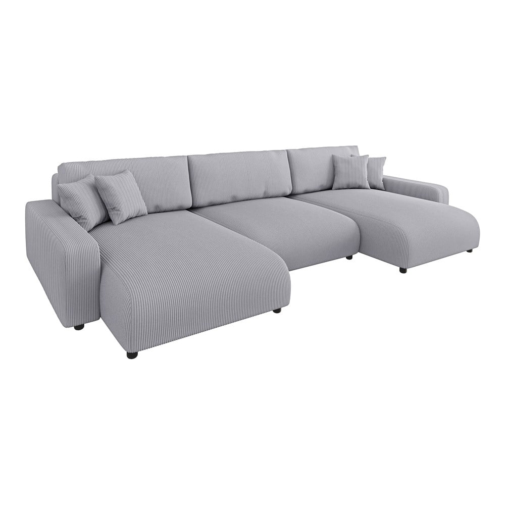 Világosszürke kordbársony kinyitható-tárolóhelyes sarokkanapé Sara – Ropez