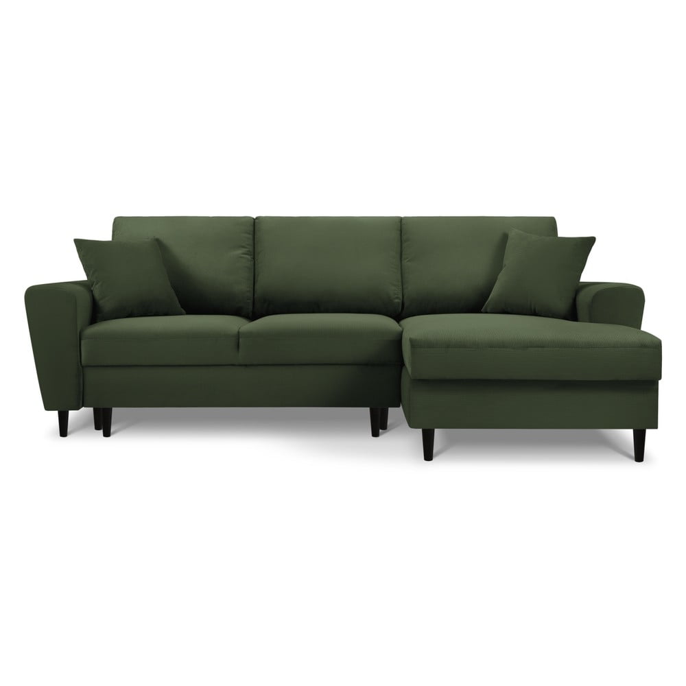 Zöld kordbársony kinyitható tárolóhelyes sarokkanapé (jobb oldali-heverő résszel) Kyoto – Cosmopolitan Design