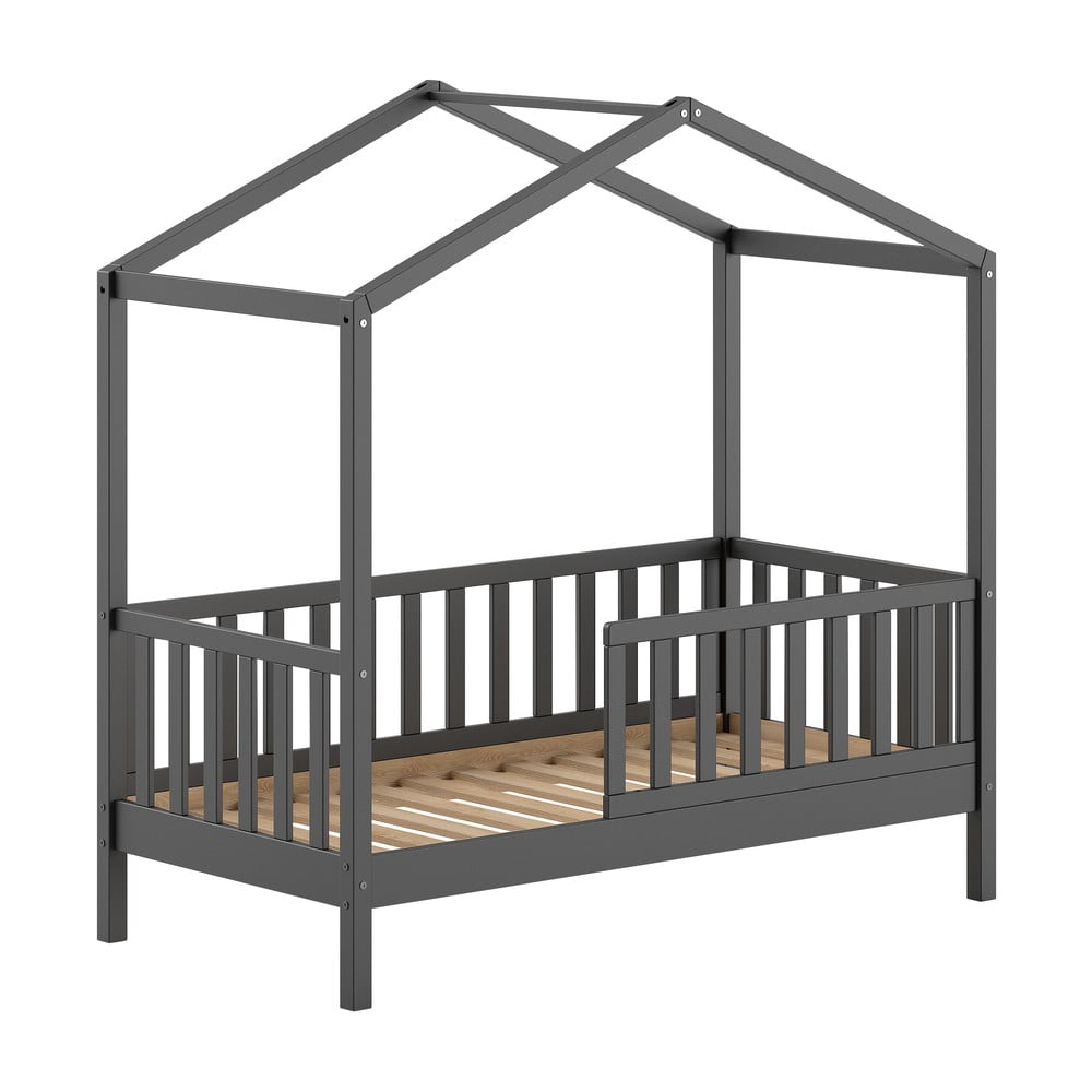 Antracitszürke házikó alakú borovi fenyő gyerekágy ágyráccsal 70x140 cm DALLAS – Vipack