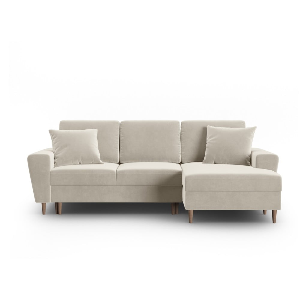 Bézs bársony kinyitható tárolóhelyes sarokkanapé (jobb oldali-heverő résszel) Kyoto – Cosmopolitan Design