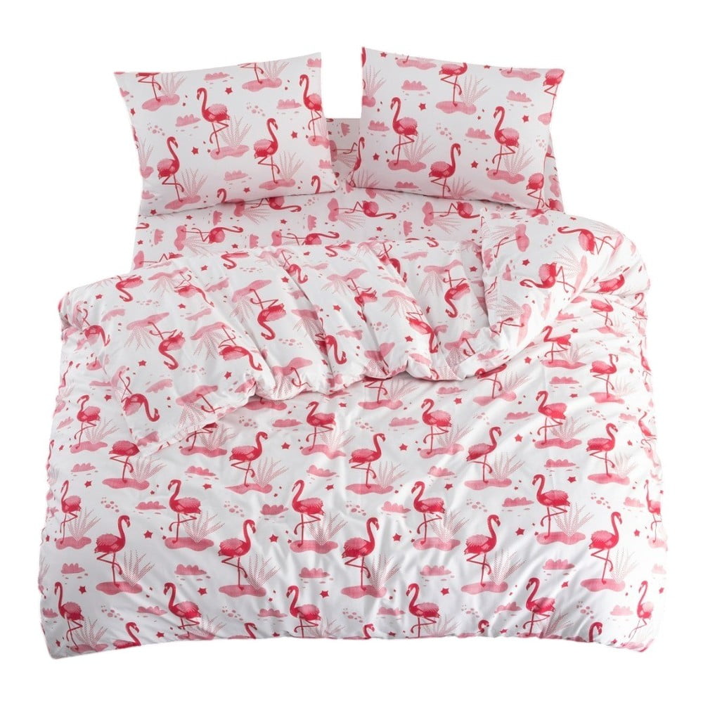 Fehér-rózsaszín egyszemélyes-hosszabbított ágyneműhuzat lepedővel-háromrészes 160x220 cm Flamingo – Mila Home