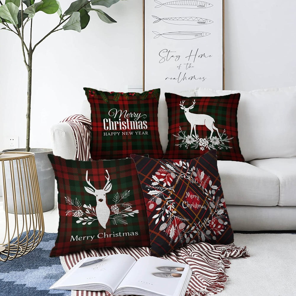 Tartan Merry Christmas 4 db-os karácsonyi zsenília párnahuzat szett