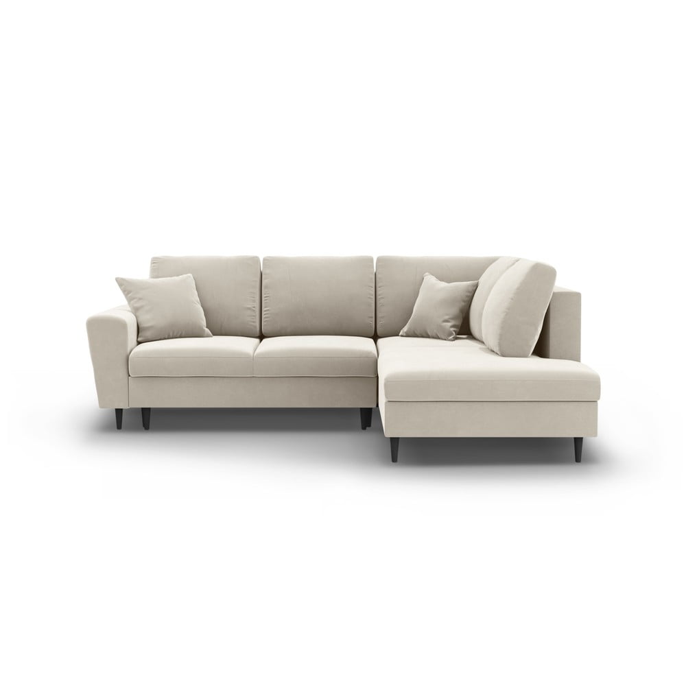 Bézs bársony kinyitható tárolóhelyes sarokkanapé (jobb oldali-L alakú) Kyoto – Cosmopolitan Design