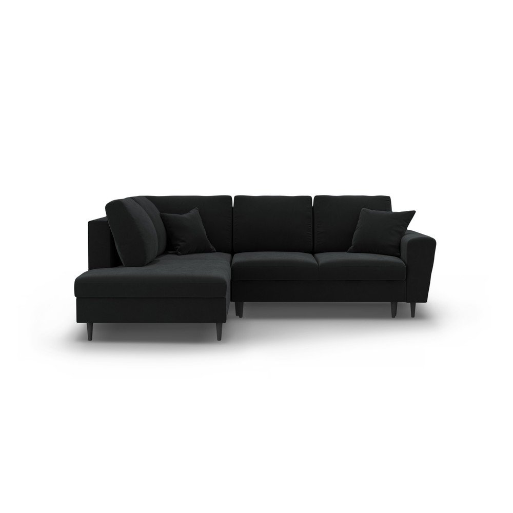 Fekete bársony kinyitható tárolóhelyes sarokkanapé (bal oldali-L alakú) Kyoto – Cosmopolitan Design