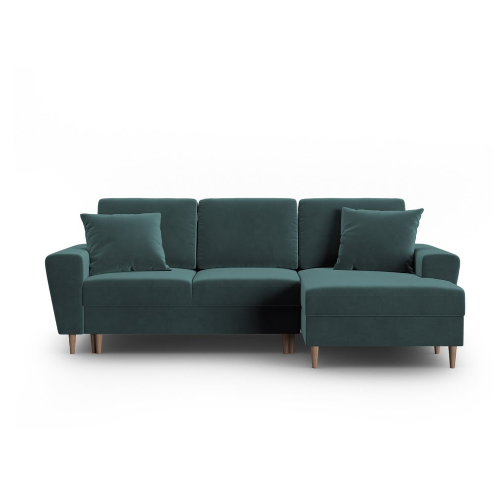 Petróleum színű bársony kinyitható tárolóhelyes sarokkanapé (jobb oldali-heverő résszel) Kyoto – Cosmopolitan Design