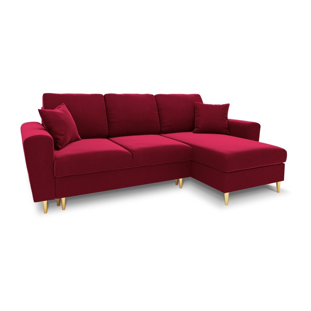 Piros bársony kinyitható tárolóhelyes sarokkanapé Kyoto – Cosmopolitan Design