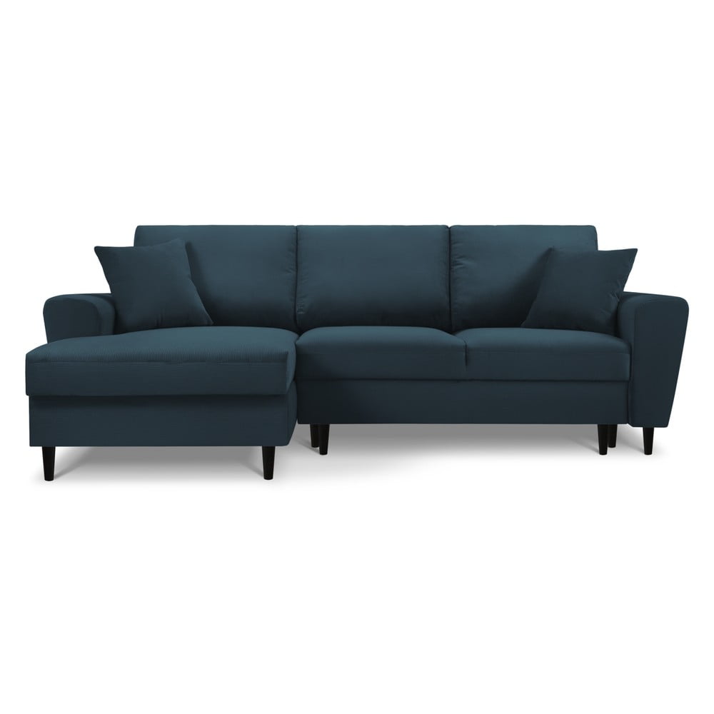 Sötétkék kordbársony kinyitható tárolóhelyes sarokkanapé (bal oldali-heverő résszel) Kyoto – Cosmopolitan Design