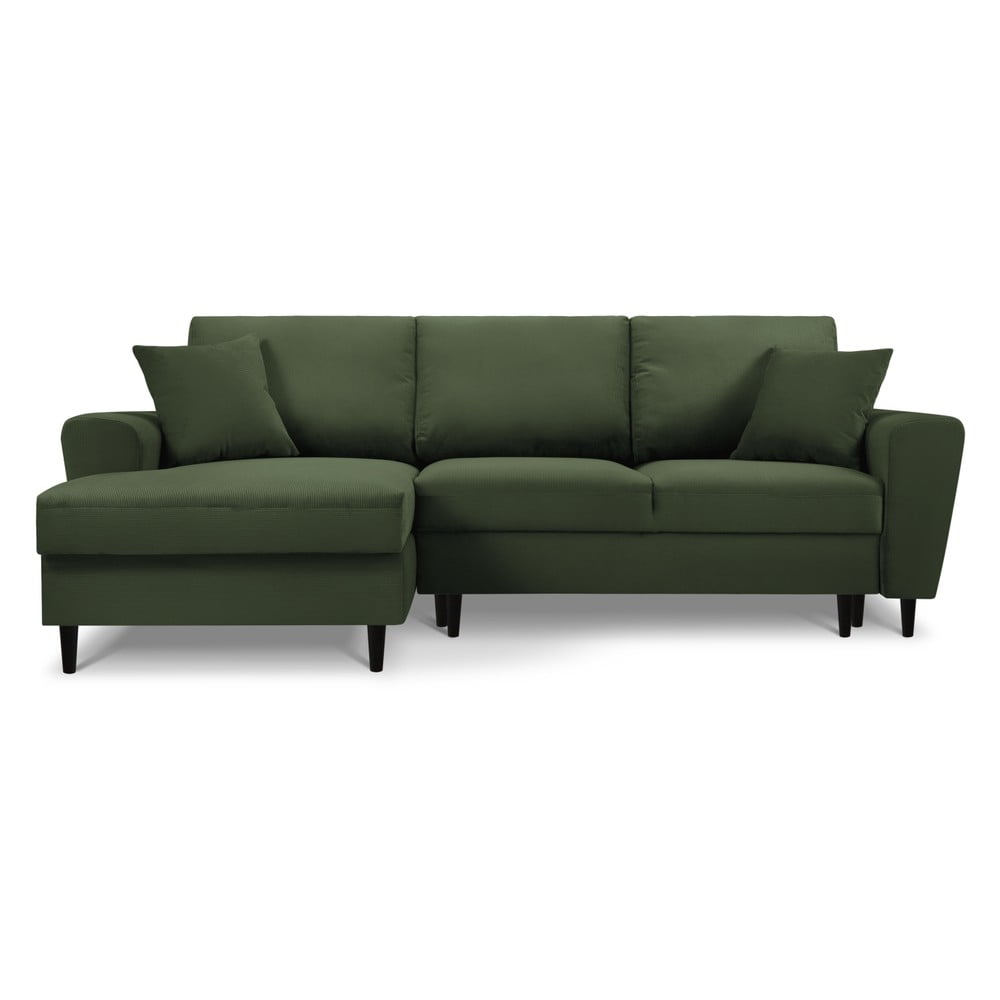 Zöld kordbársony kinyitható tárolóhelyes sarokkanapé (bal oldali-heverő résszel) Kyoto – Cosmopolitan Design