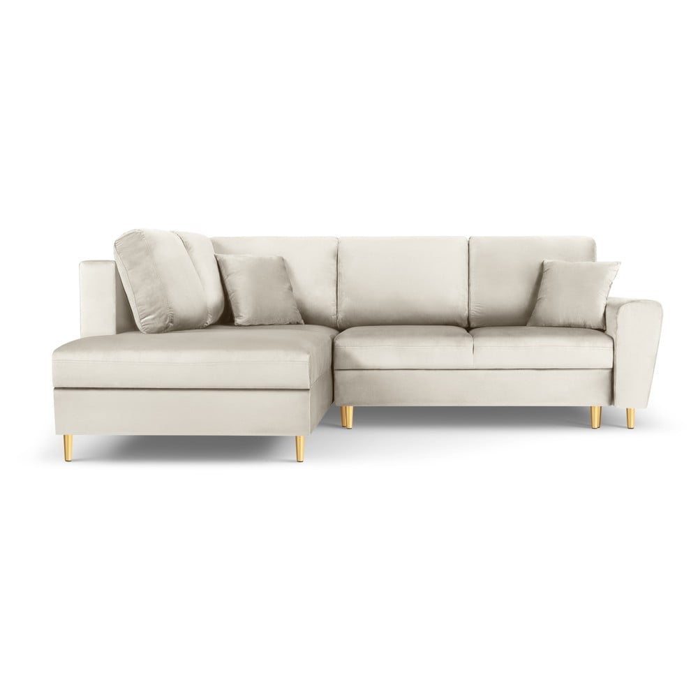 Bézs bársony kinyitható tárolóhelyes sarokkanapé (bal oldali-L alakú) Kyoto – Cosmopolitan Design