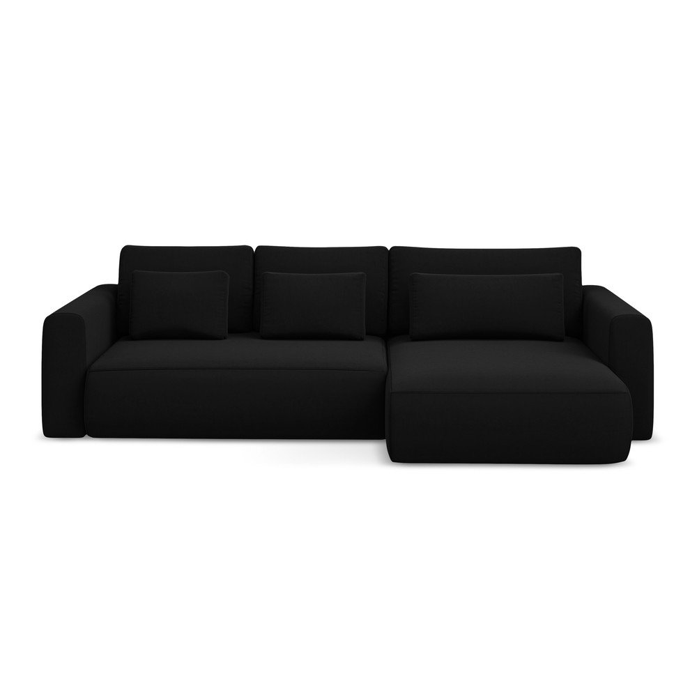 Fekete bársony kinyitható-tárolóhelyes sarokkanapé (jobb oldali-heverő résszel) Kapua – Makamii