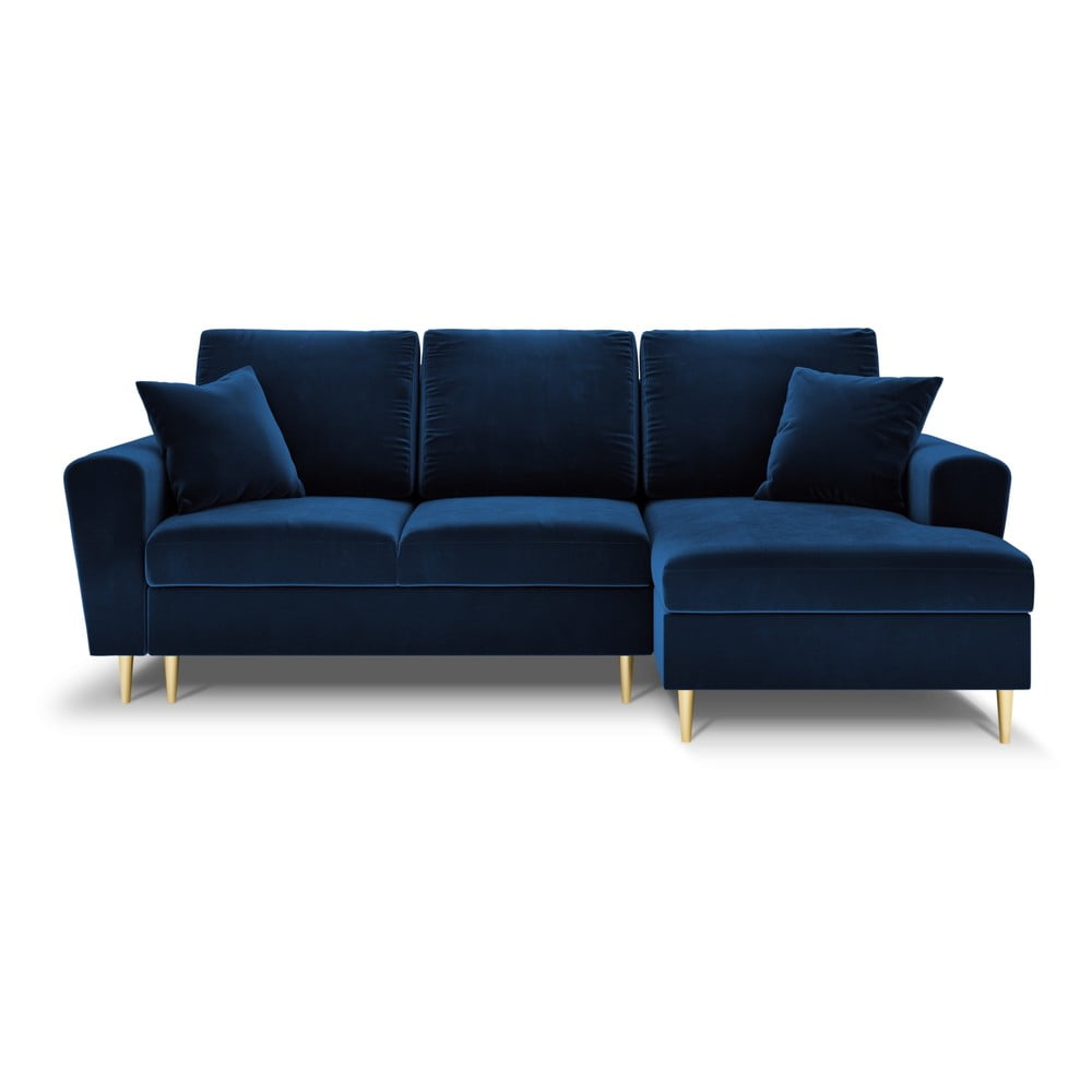 Kék bársony kinyitható tárolóhelyes sarokkanapé (jobb oldali-heverő résszel) Kyoto – Cosmopolitan Design