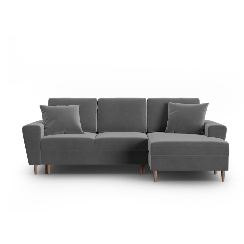 Világosszürke bársony kinyitható tárolóhelyes sarokkanapé (jobb oldali-heverő résszel) Kyoto – Cosmopolitan Design