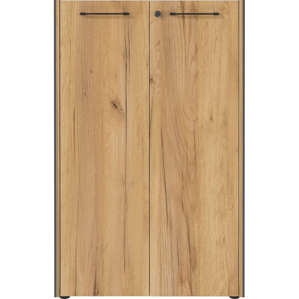 Antracitszürke-natúr színű zárható szekrény tölgyfa dekorral 75x120x40 cm Podium – Germania