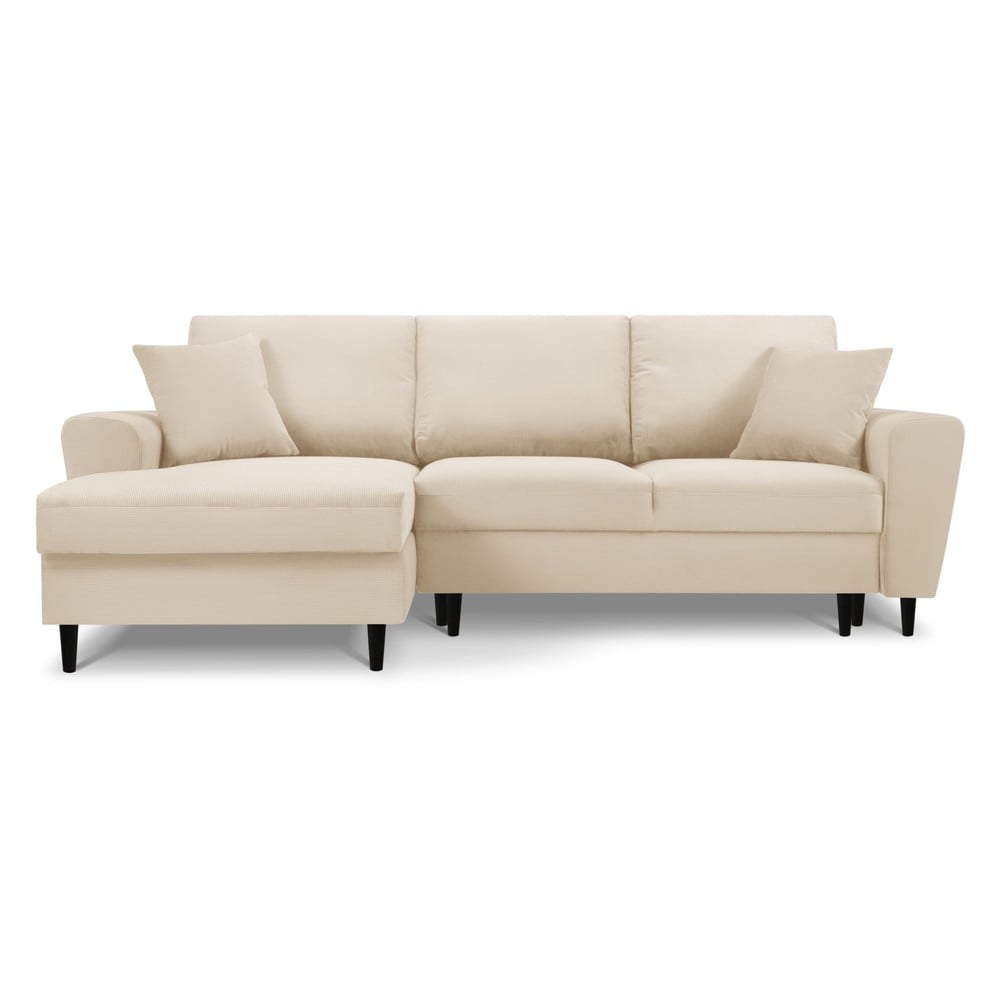 Bézs kordbársony kinyitható tárolóhelyes sarokkanapé (bal oldali-heverő résszel) Kyoto – Cosmopolitan Design