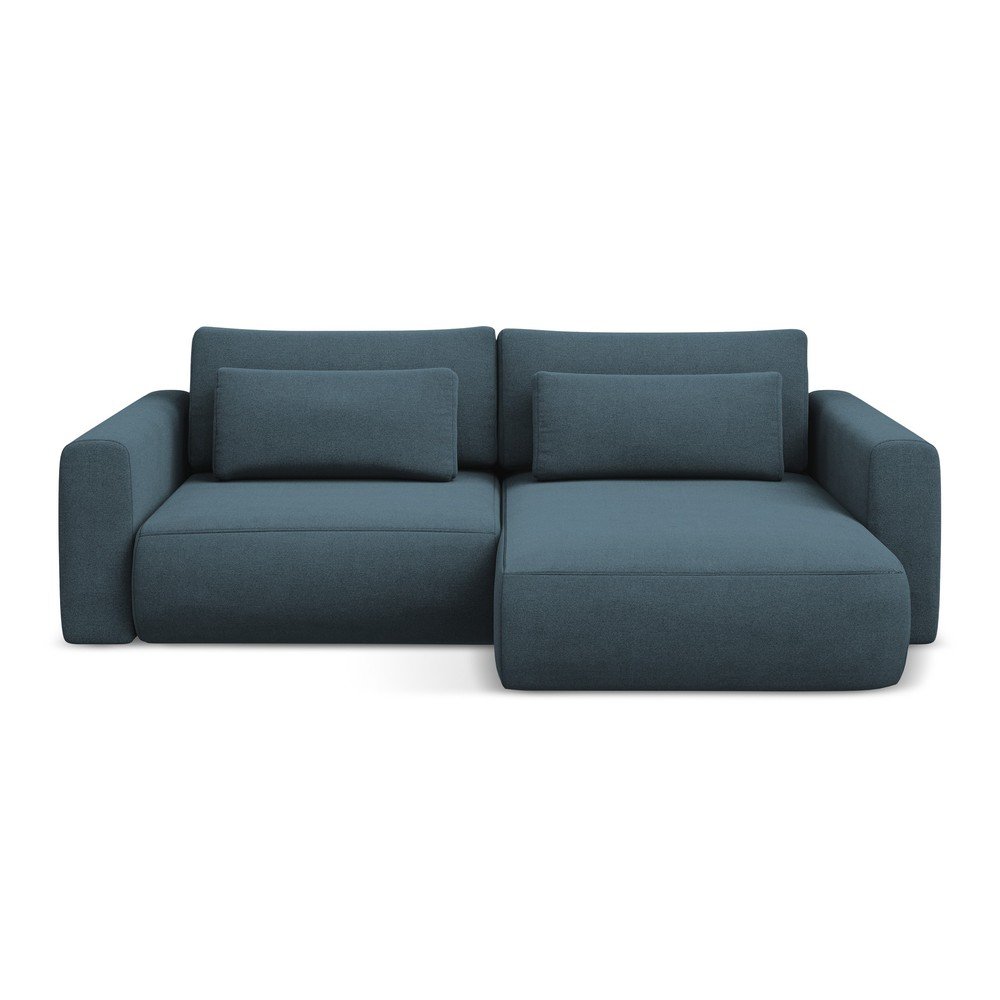 Kék kinyitható-tárolóhelyes sarokkanapé (jobb oldali-heverő résszel) Kapua – Makamii