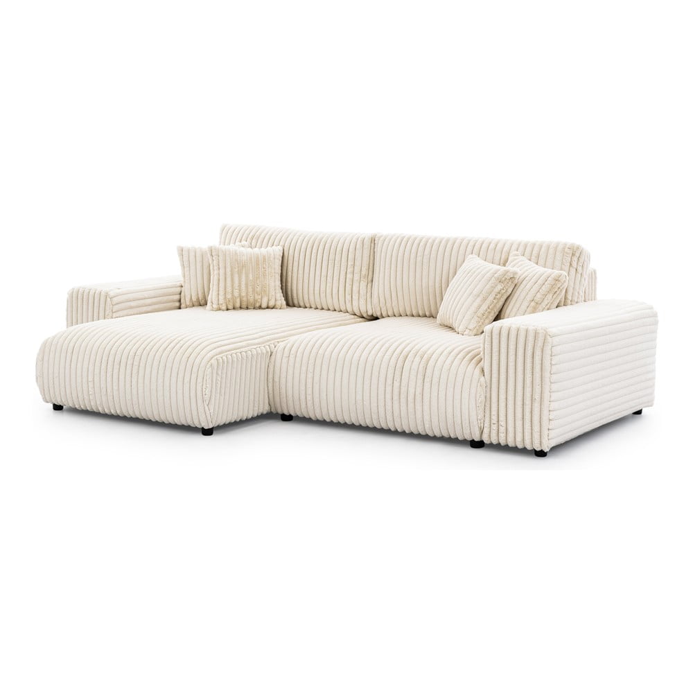 Krémszínű kordbársony kinyitható-tárolóhelyes sarokkanapé (bal oldali) Sarina – Ropez