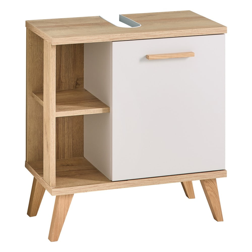 Krémszínű mosdó alatti szekrény tölgyfa dekorral 60