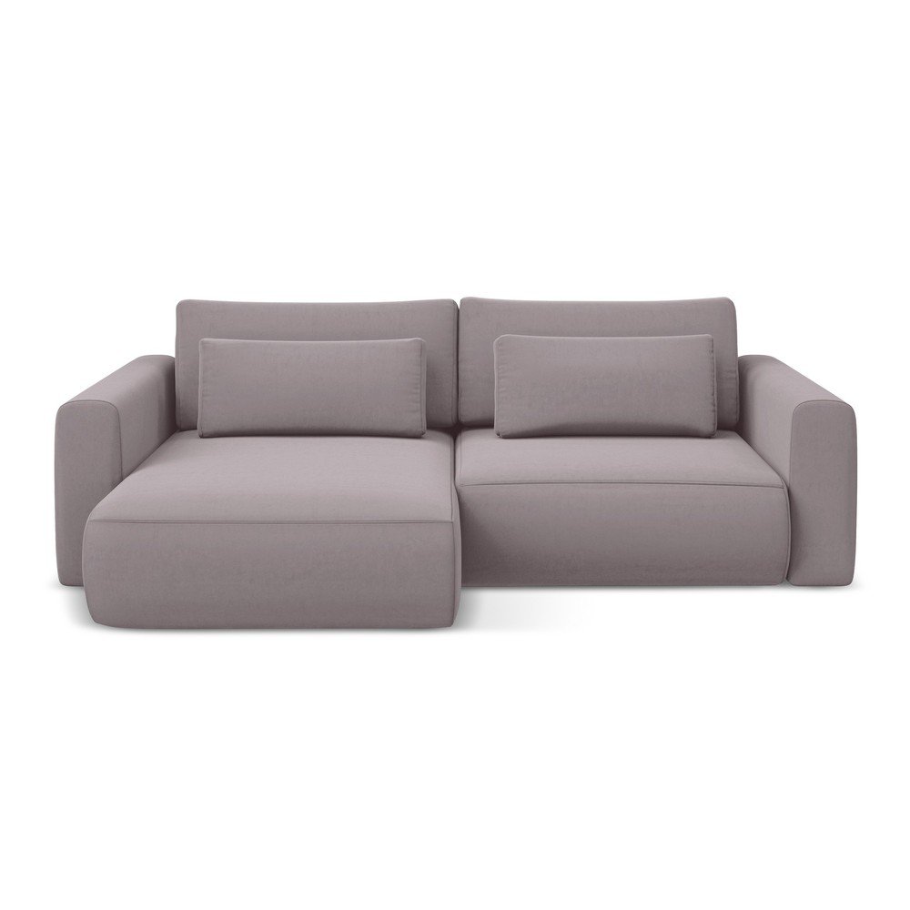 Levendula színű bársony kinyitható-tárolóhelyes sarokkanapé (bal oldali-heverő résszel) Kapua – Makamii