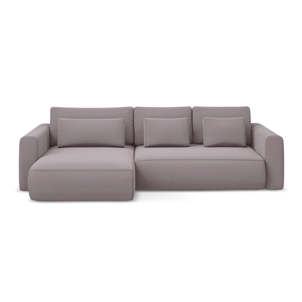 Levendula színű bársony kinyitható-tárolóhelyes sarokkanapé (bal oldali-heverő résszel) Kapua – Makamii