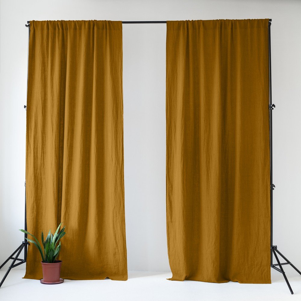 Okkersárgás-barna len függöny 140x330 cm Bronze – Linen Tales